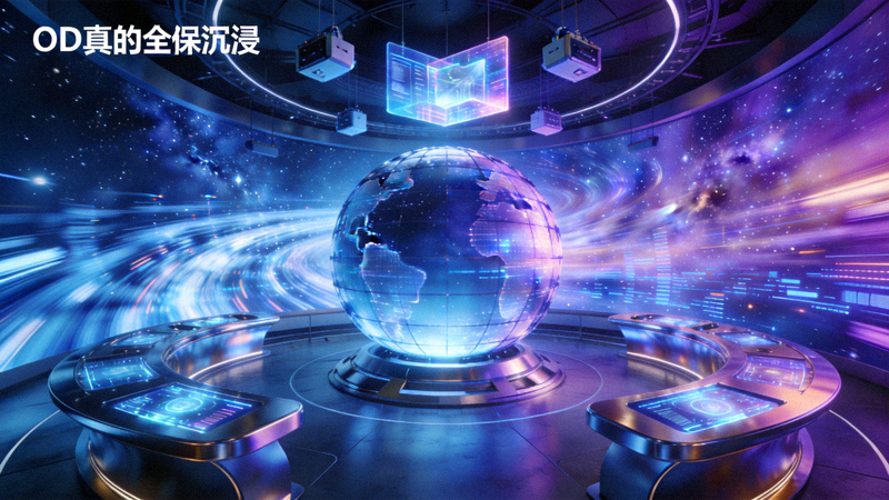 OD真人全景沉浸VR直播大厅内部视角 - 展示一个充满未来科技感的球形虚拟空间，周围环绕着动态星空与数据流