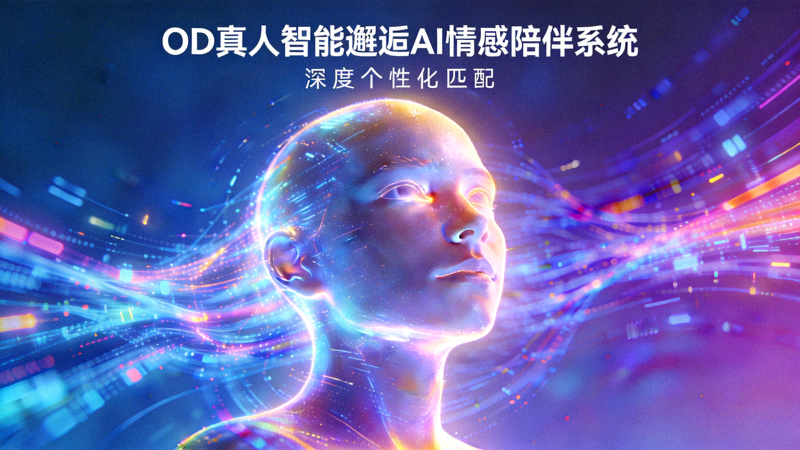 OD真人智能邂逅AI情感陪伴系统界面 - 展示一个发光的抽象人脸与交织的数据流，代表深度个性化匹配